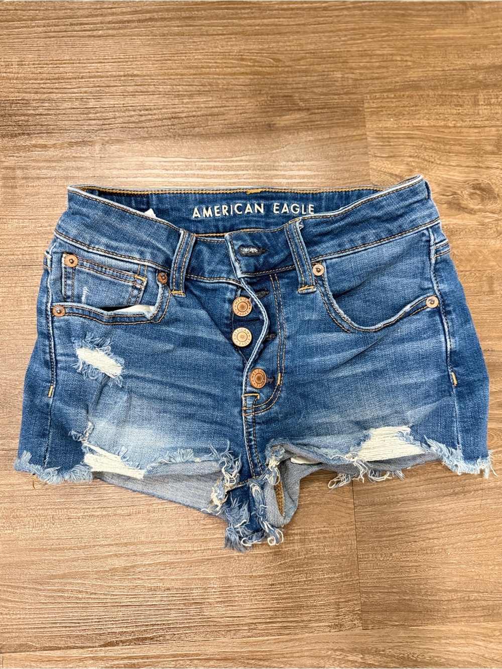 American Eagle Outfitters Distressed Blue Button-Front Denim Shorts